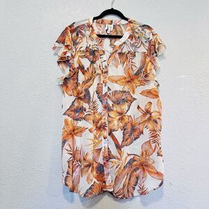 Fig and Flower Orange Floral Print Top Blouse Plus Size 3X Short Sleeve Sheer